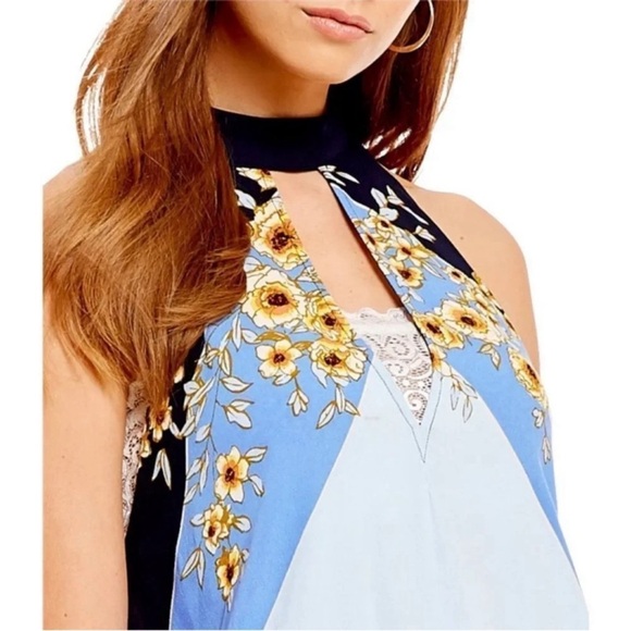 Free People Beat Of My Heart Tunic Top Mini Dress Size S Blue Floral Halter NWT - Picture 2 of 12